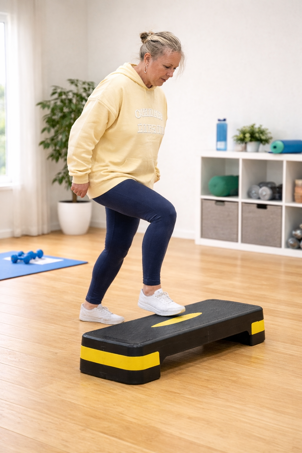 Woman doing step-up exercise at home to improve stamina and conditioning