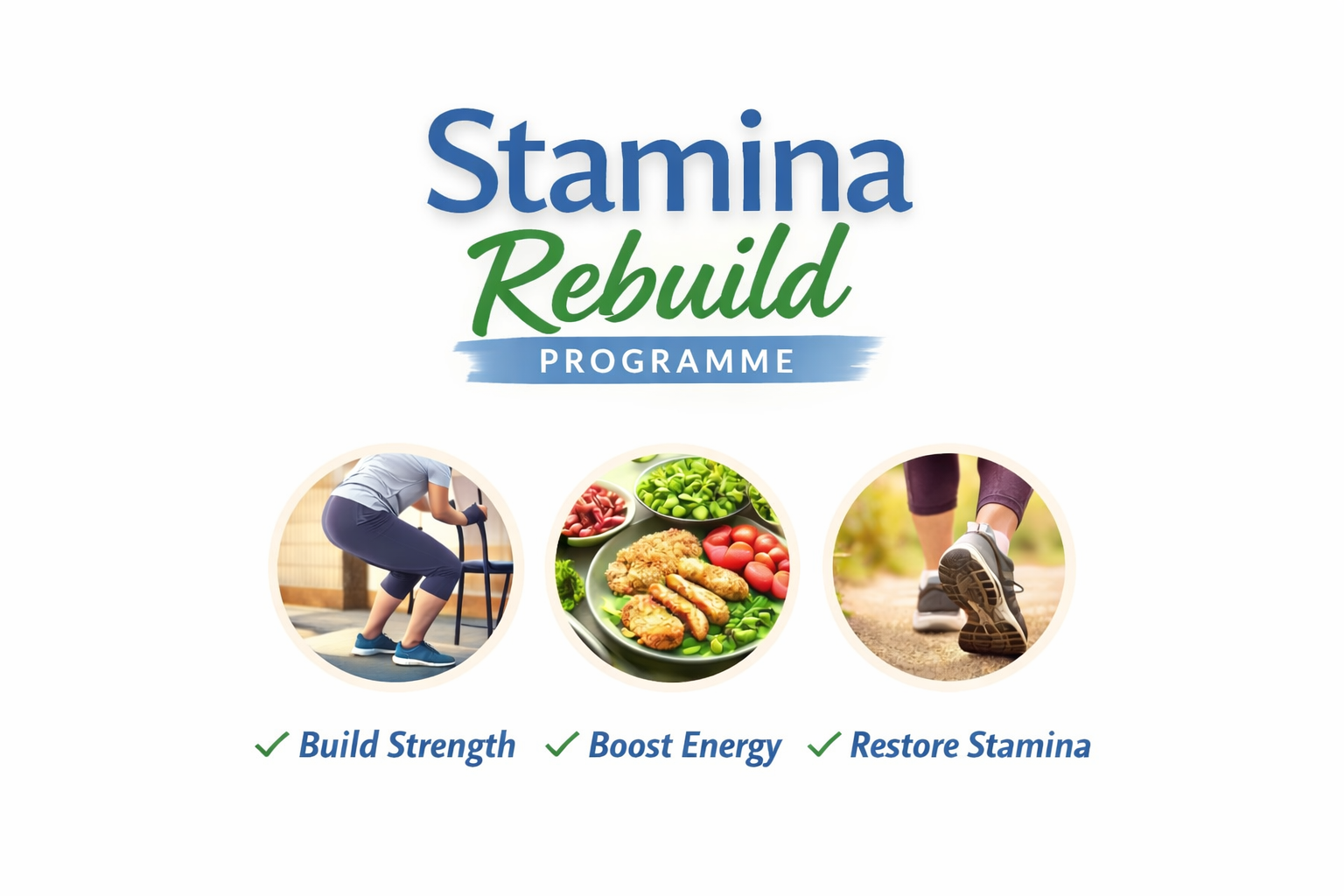 Stamina Rebuild Programme showing strength exercise, healthy food and walking