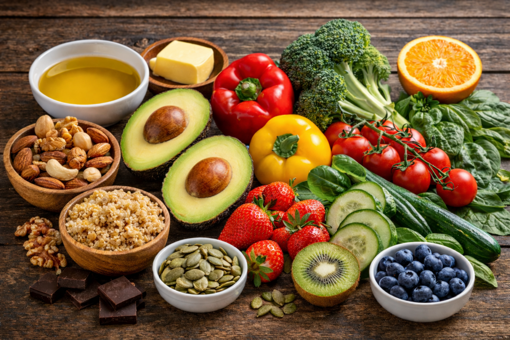 Healthy fats and vitamin-rich foods including avocado, nuts, vegetables and fruit