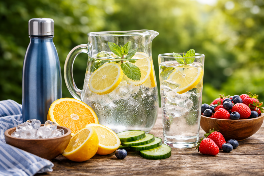 Hydration with water, fruit and fresh ingredients for healthy living